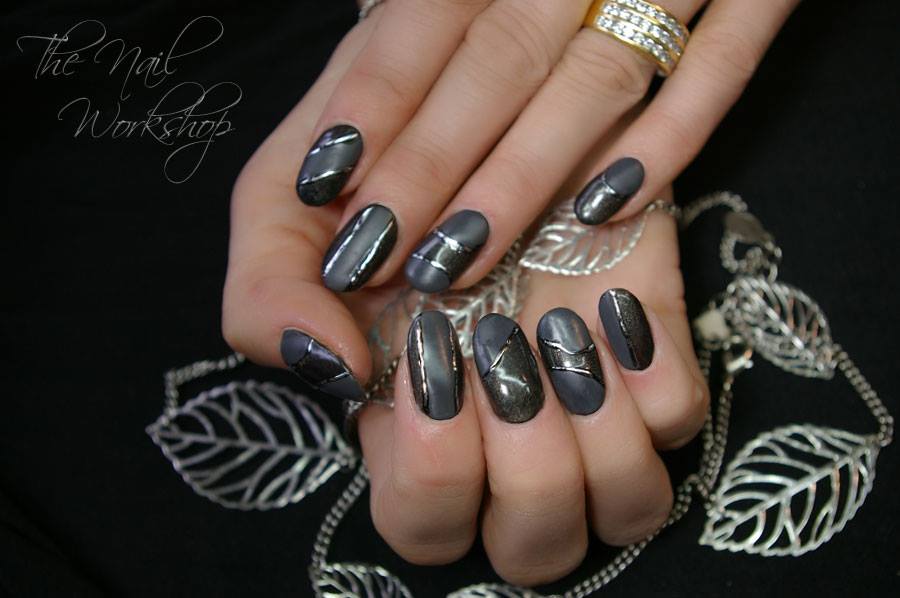  Gelish Black and Grey with Matte and Gloss with embossed Foil 
